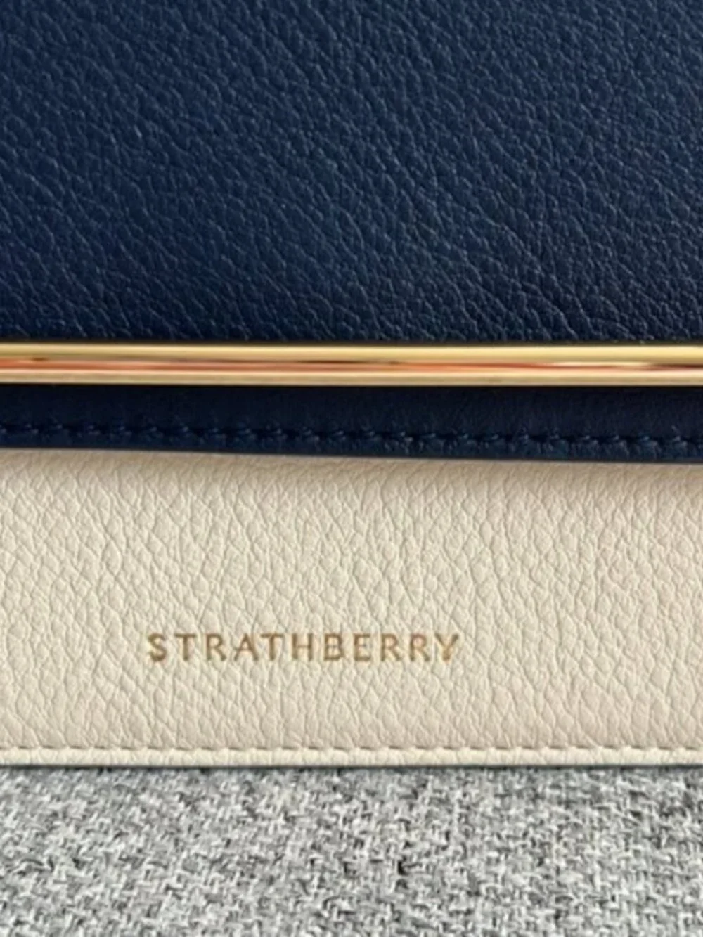 New Strathberry Navy Cream Leather Mini Bag w/ Shearling Handle & Gold Hardware